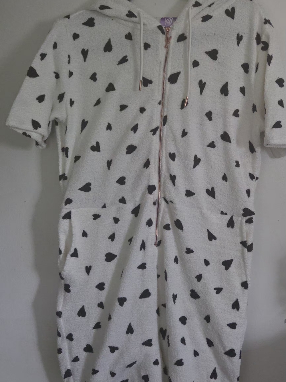 YITTY Pet Me Hooded Romper with Black Heart Print